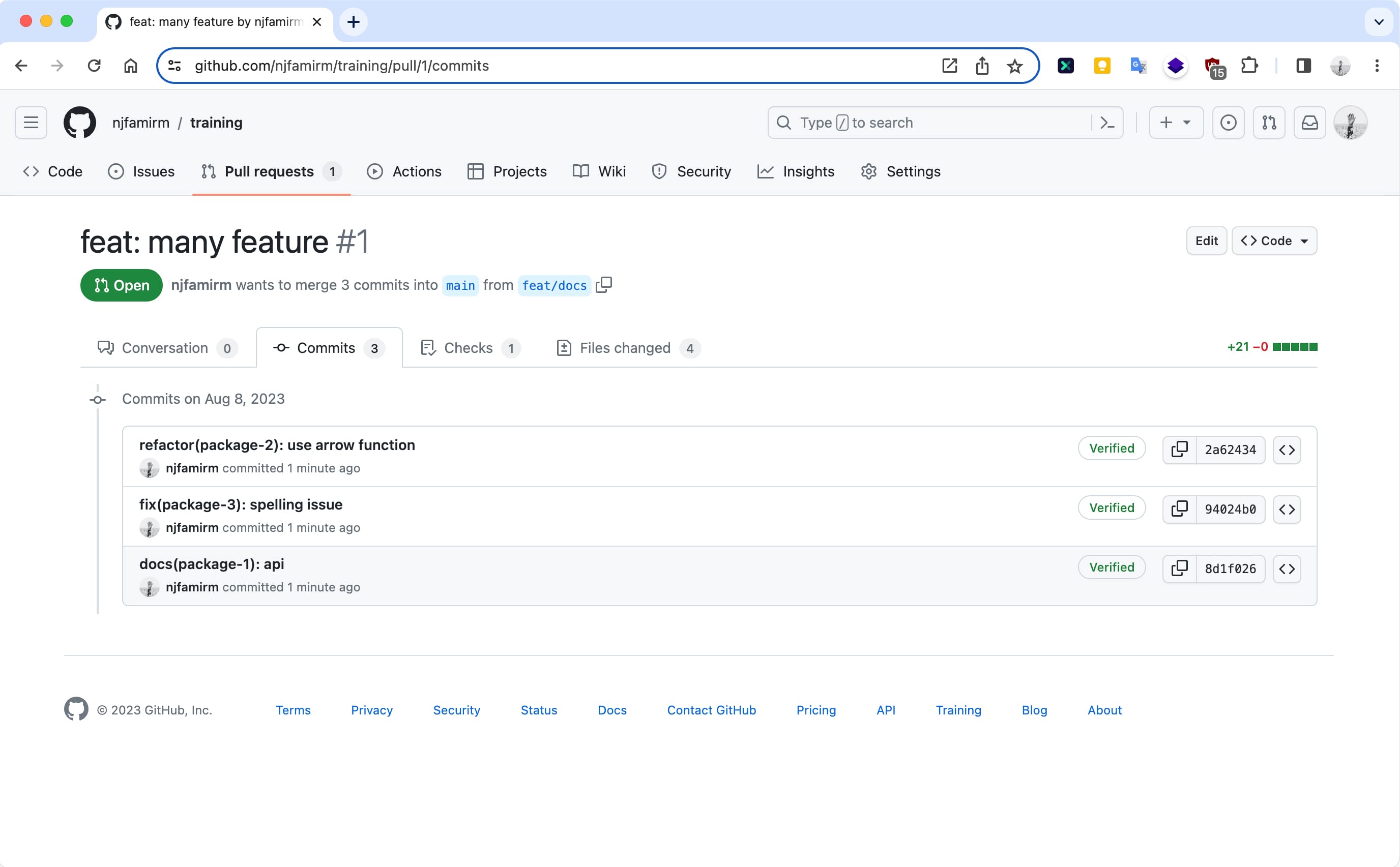 Screenshot of Github pull request with fewer commits that are removed by git rebase and cherry-pick.